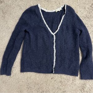Sezane Blue and White Cardigan Sweater V-Neck Knit